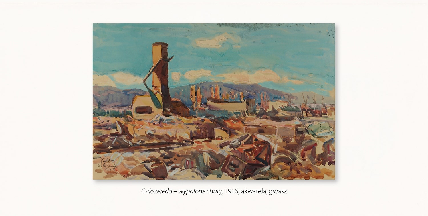 Csikszereda- wypalone chaty, 1916 r., kompozycja horyzontalna przedstawia doszczętnie zniszczone miasto. Wojenne zgliszcza ukazane na tle górskiego krajobrazu i błękitnego nieba.